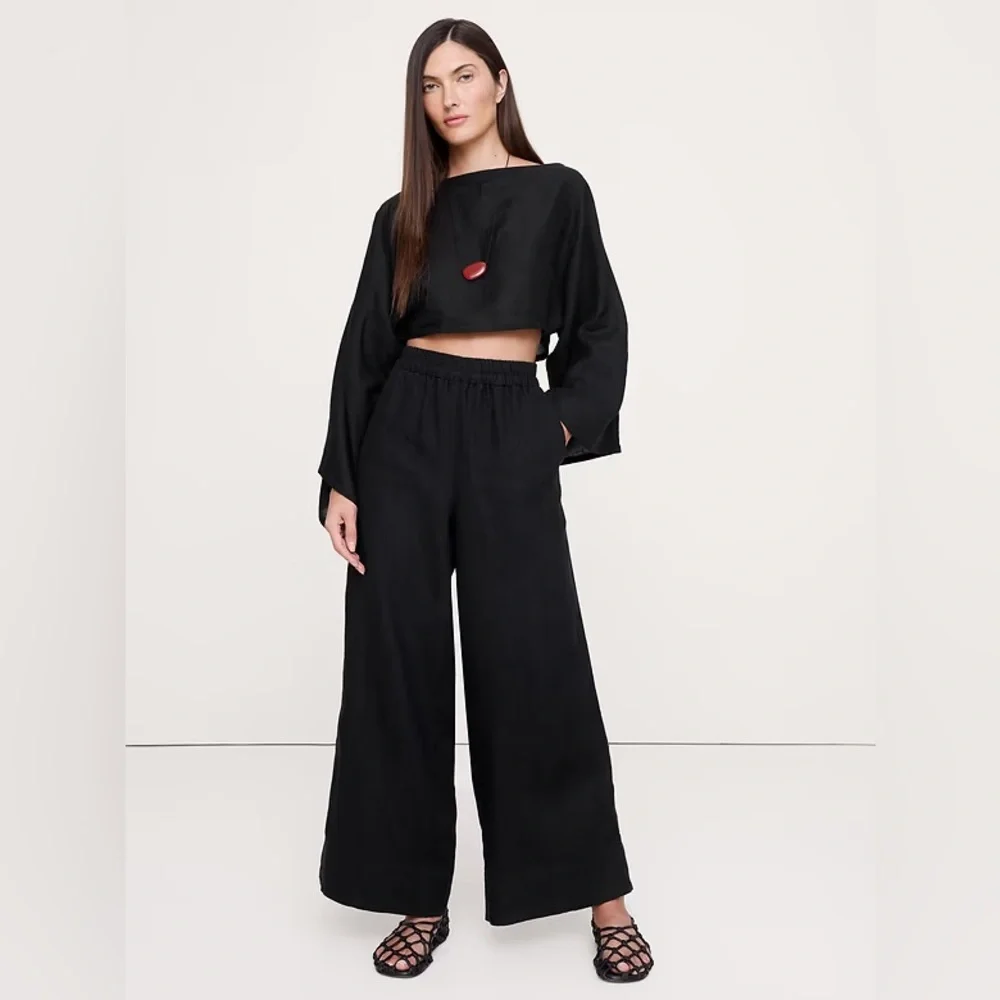 NWT! Banana Republic Black High-Rise Wide-Leg Linen Pull-On Ankle Pant - 🩷901561